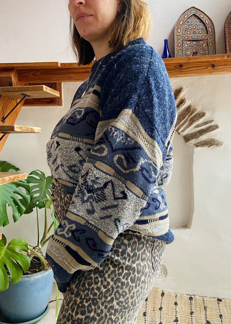 VINTAGE 90's Blue Patterned Knit Jumper - M/L