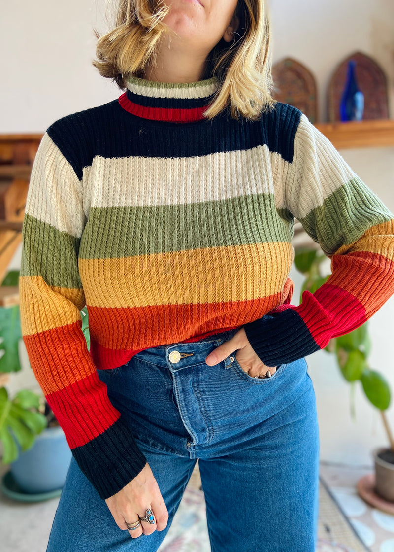 VINTAGE 90's Large Stripe Roll Neck Jumper - S/M