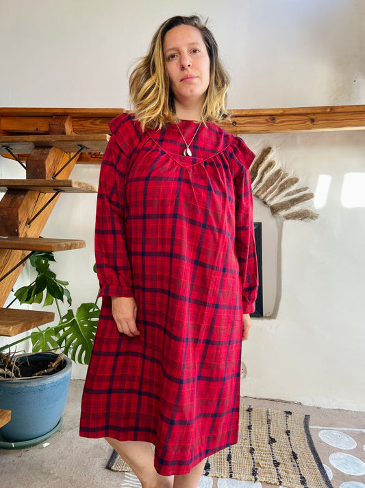 VINTAGE 80’s Tartan Checked Midi Dress - M/L