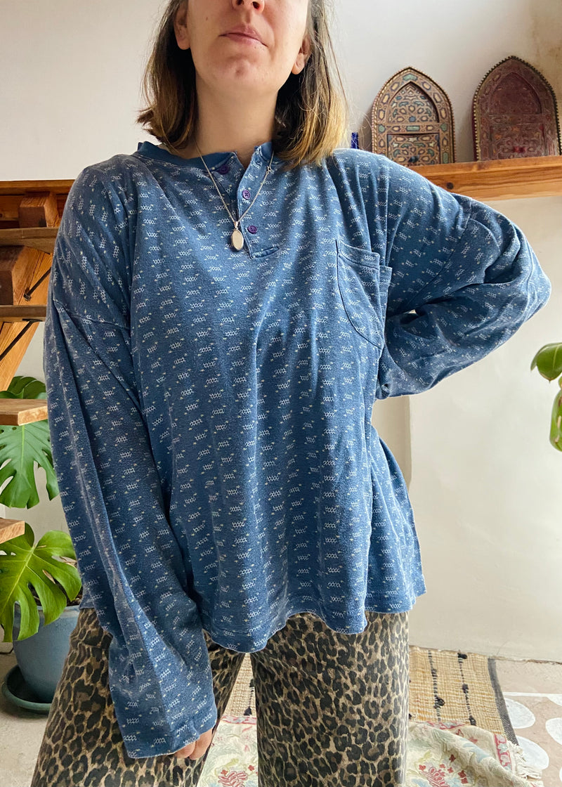 VINTAGE 90's Blue Patterned Grunge Long Sleeve T-Shirt Top - L