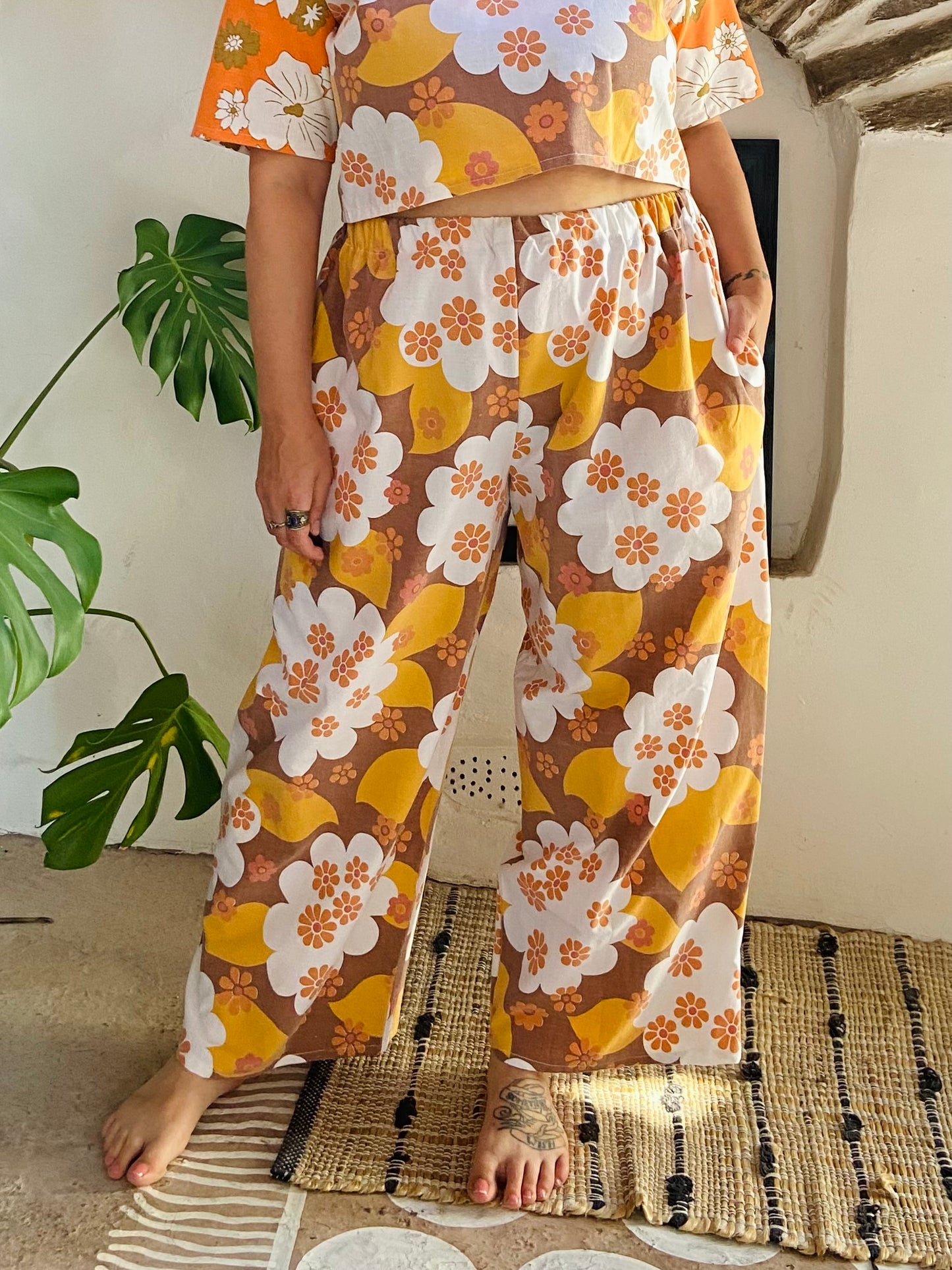 DESERT FOX 70’s Orange Floral Co-Ord Trousers & Top Set - M/L