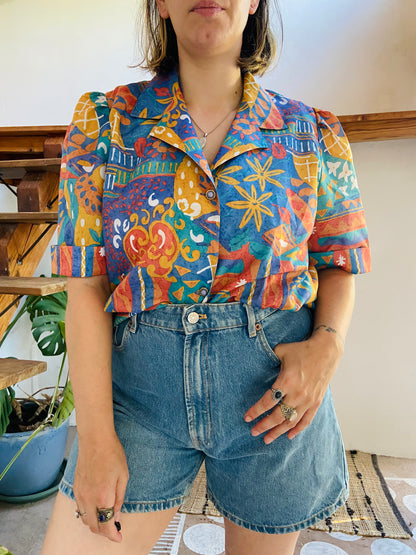 VINTAGE 80's Funky Patterned Short Sleeve Top - L