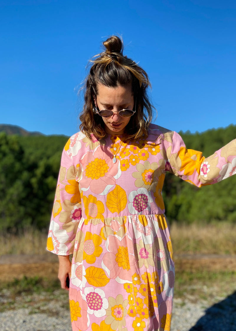 DESERT FOX Dahlia Midi Dress - Pink & Orange 70's Florals - M/L