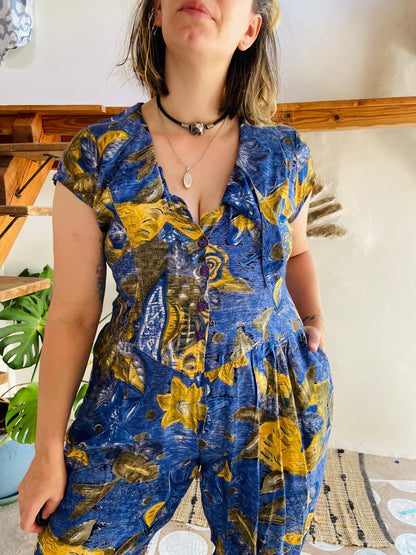 VINTAGE 80's Floral Bohemian Pattern Jumpsuit - S