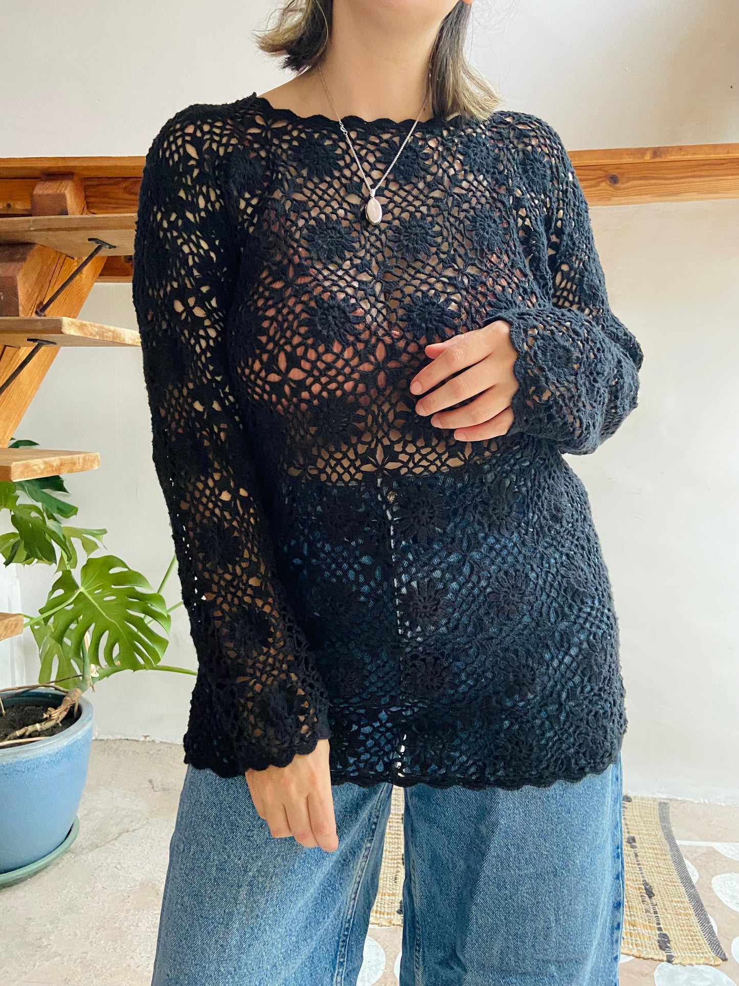 VINTAGE 90’s Black Crochet Long Sleeve Jumper Top - M/L