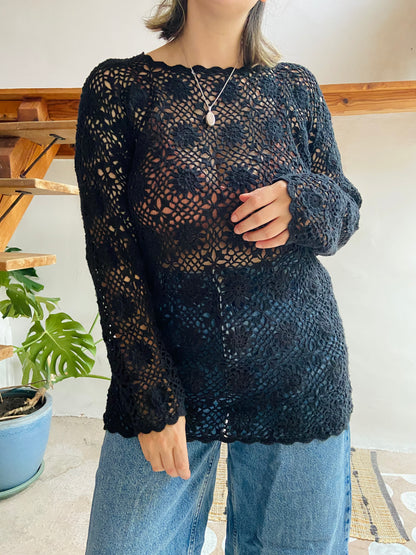 VINTAGE 90’s Black Crochet Long Sleeve Jumper Top - M/L
