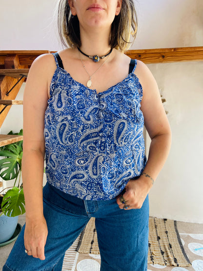 VINTAGE 90's Blue Paisley Bohemian Strappy Cami Top - S/M