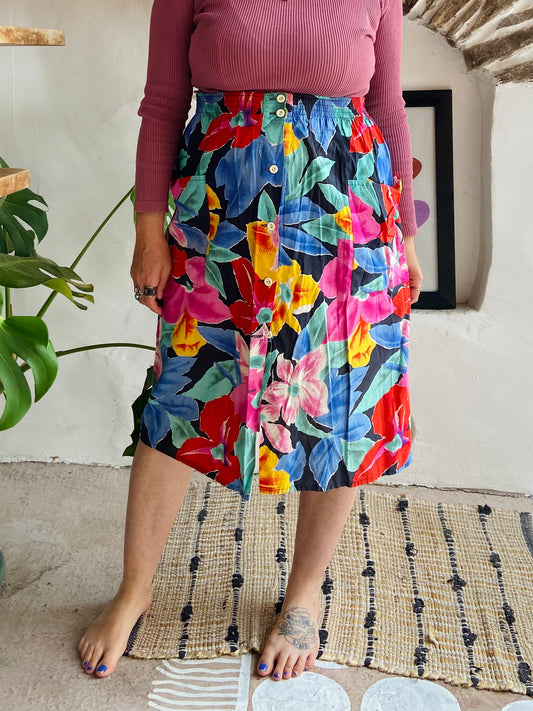 VINTAGE 90's Bright Floral Midi Skirt - M