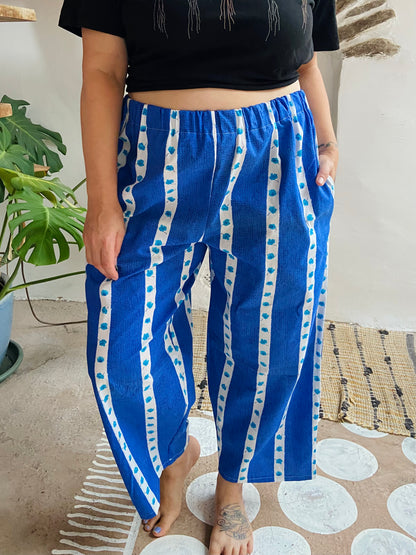 DESERT FOX Lola Floral Blue Stripe Wide Leg Trousers - M/L