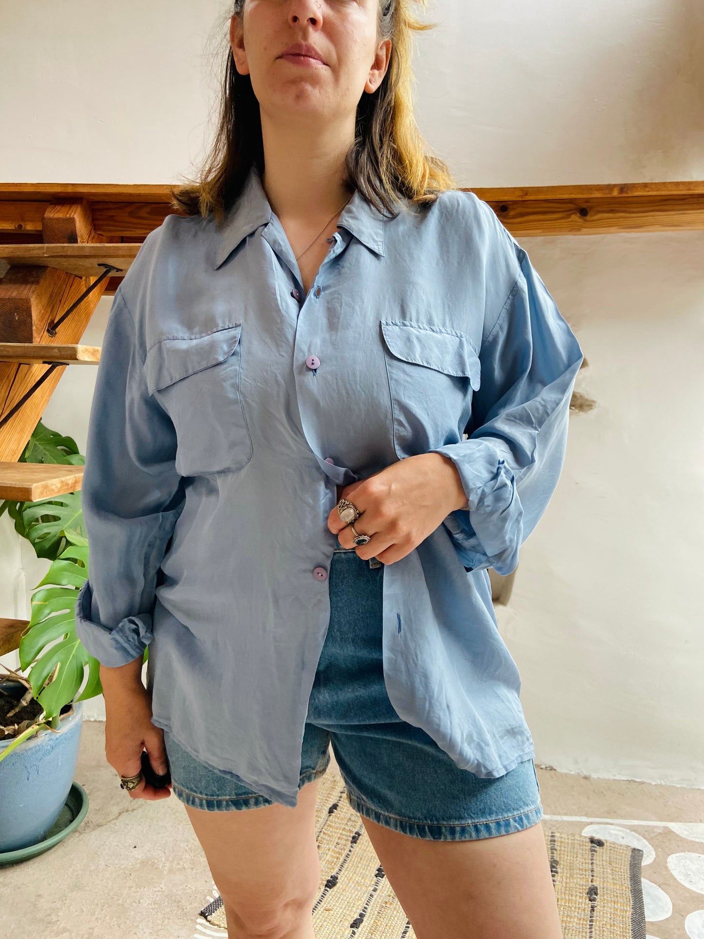 VINTAGE Pretty Blue Silk Long Sleeve Shirt - M/L