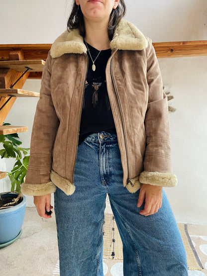 VINTAGE Retro Suede Tan Faux Fur Jacket Coat - M/L