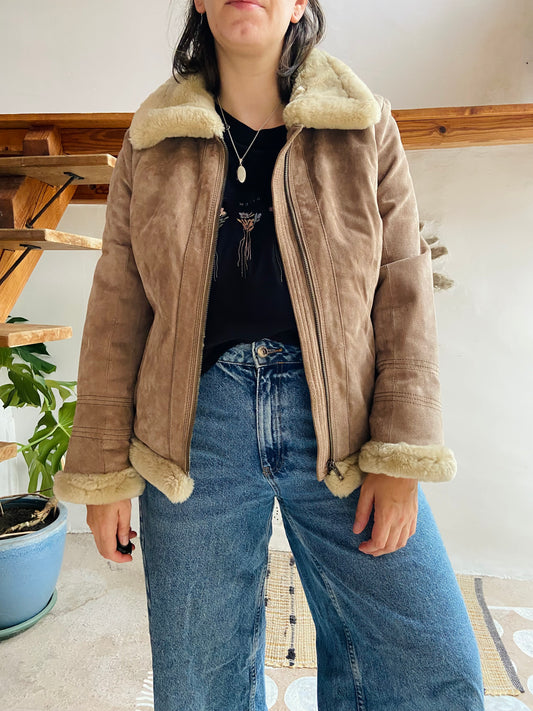 VINTAGE Retro Suede Tan Faux Fur Jacket Coat - M/L