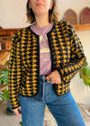 VINTAGE 80's Houndstooth Mustard Yellow Knit Cardigan - M/L