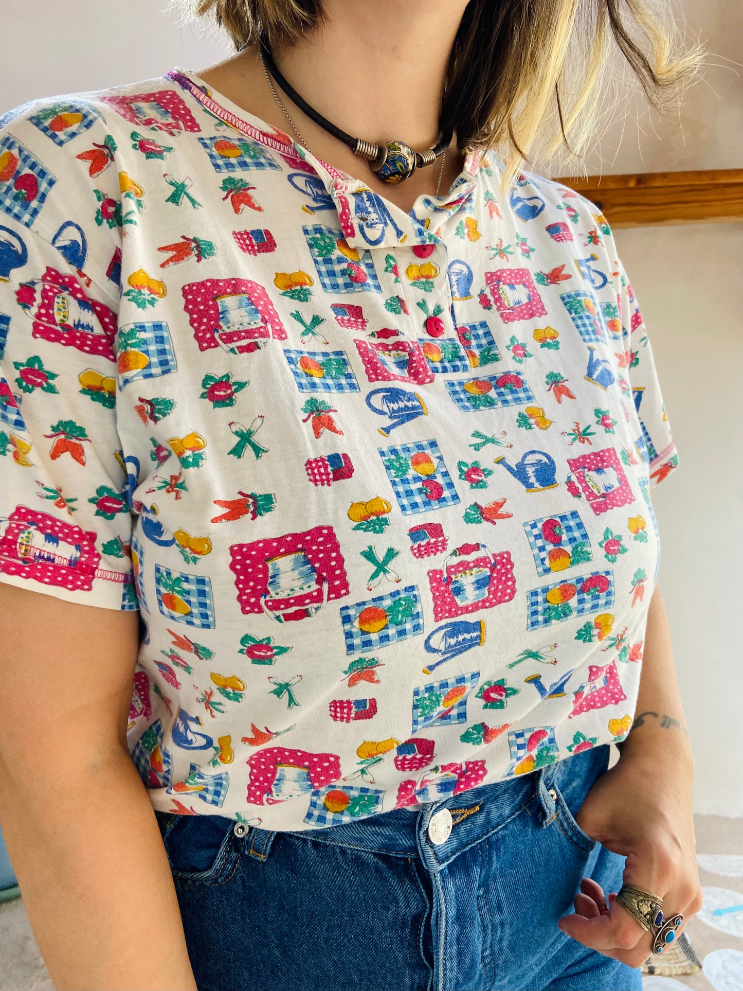VINTAGE 90's Vegetable Pattern Short Sleeve T-shirt - M