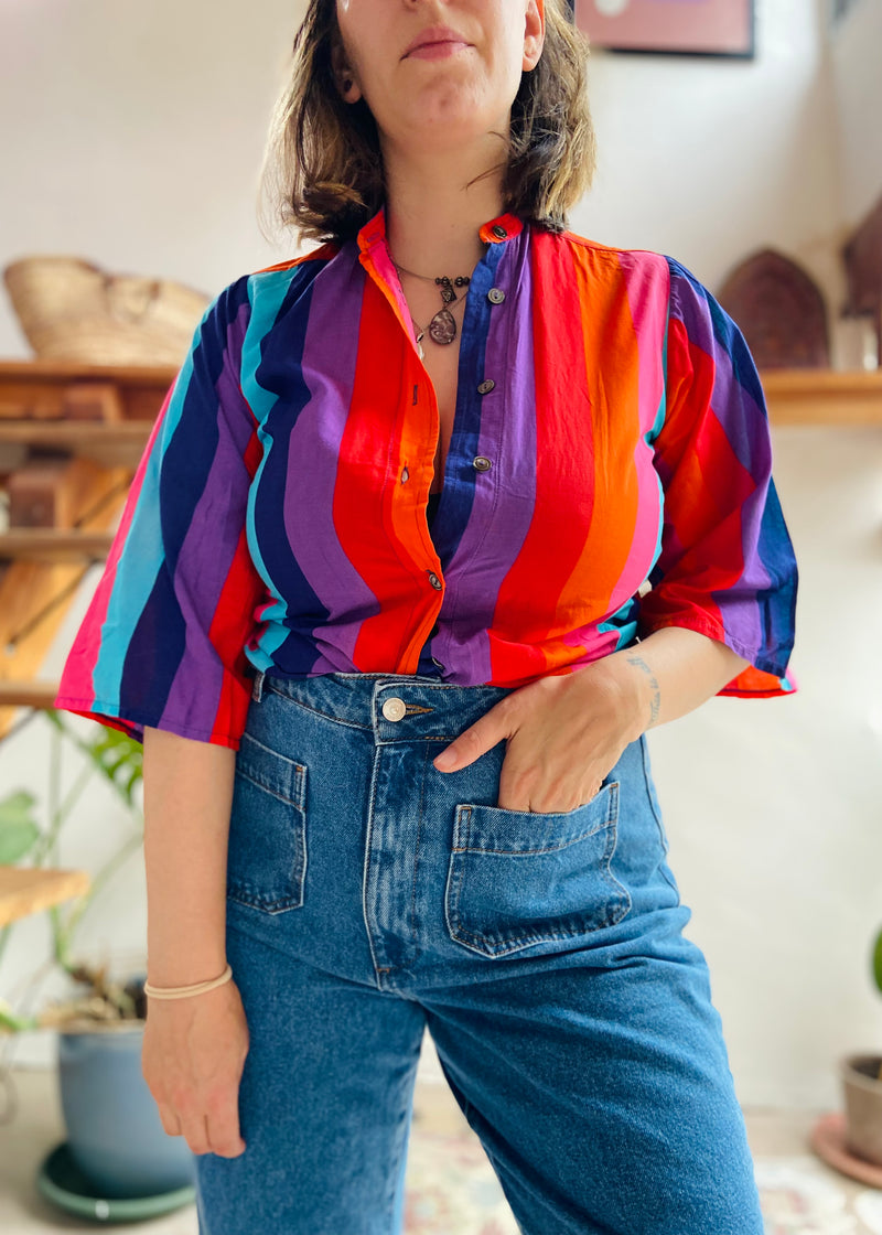 VINTAGE 90’s Bright Stripe Grandad Collar Shirt - S