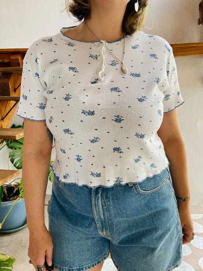 VINTAGE 90’s Blue Floral Baby Tee Crop Top - M/L