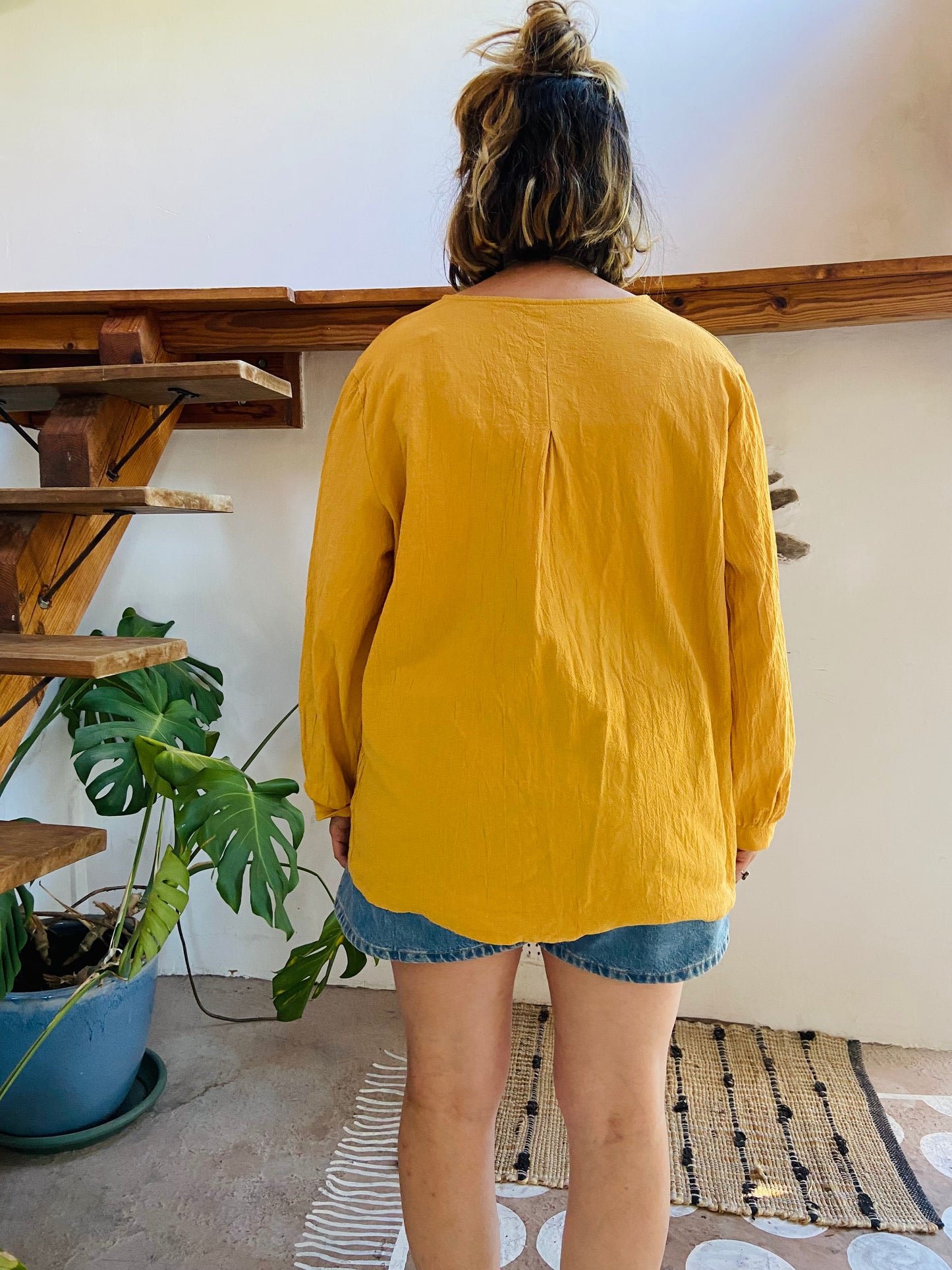 VINTAGE Yellow Long Sleeve Bohemian Tunic Top L/XL