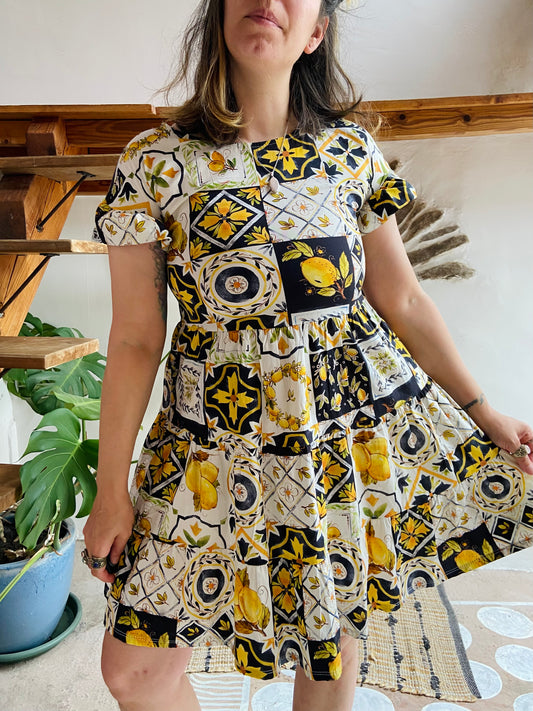 VINTAGE 70's Lemon Patchwork Print Cotton Sun Dress - S