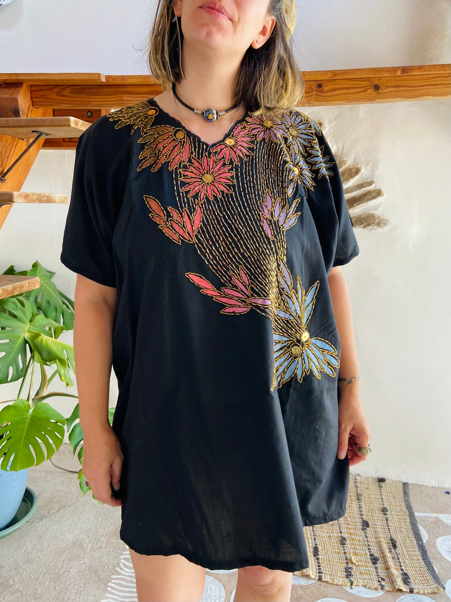 VINTAGE 80's Black Cotton Floral Beaded Mini Dress - M/L