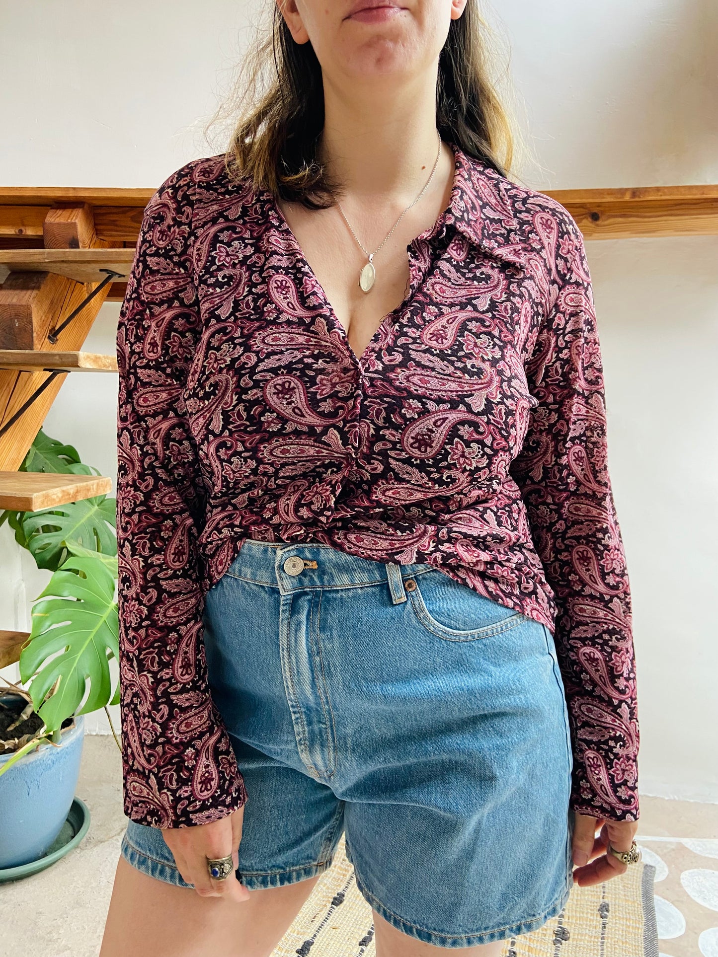 VINTAGE 90's Purple Paisley Long Sleeve Shirt - M
