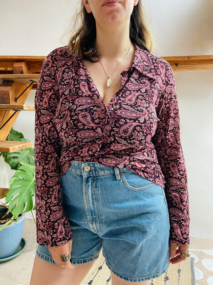 VINTAGE 90's Purple Paisley Long Sleeve Shirt - M