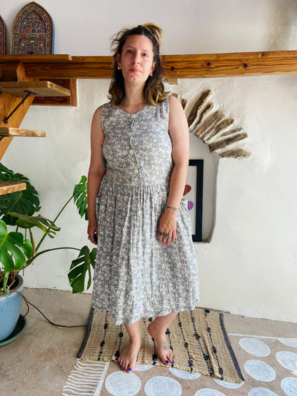 VINTAGE 90's Grey Floral Midi Dress - S/M
