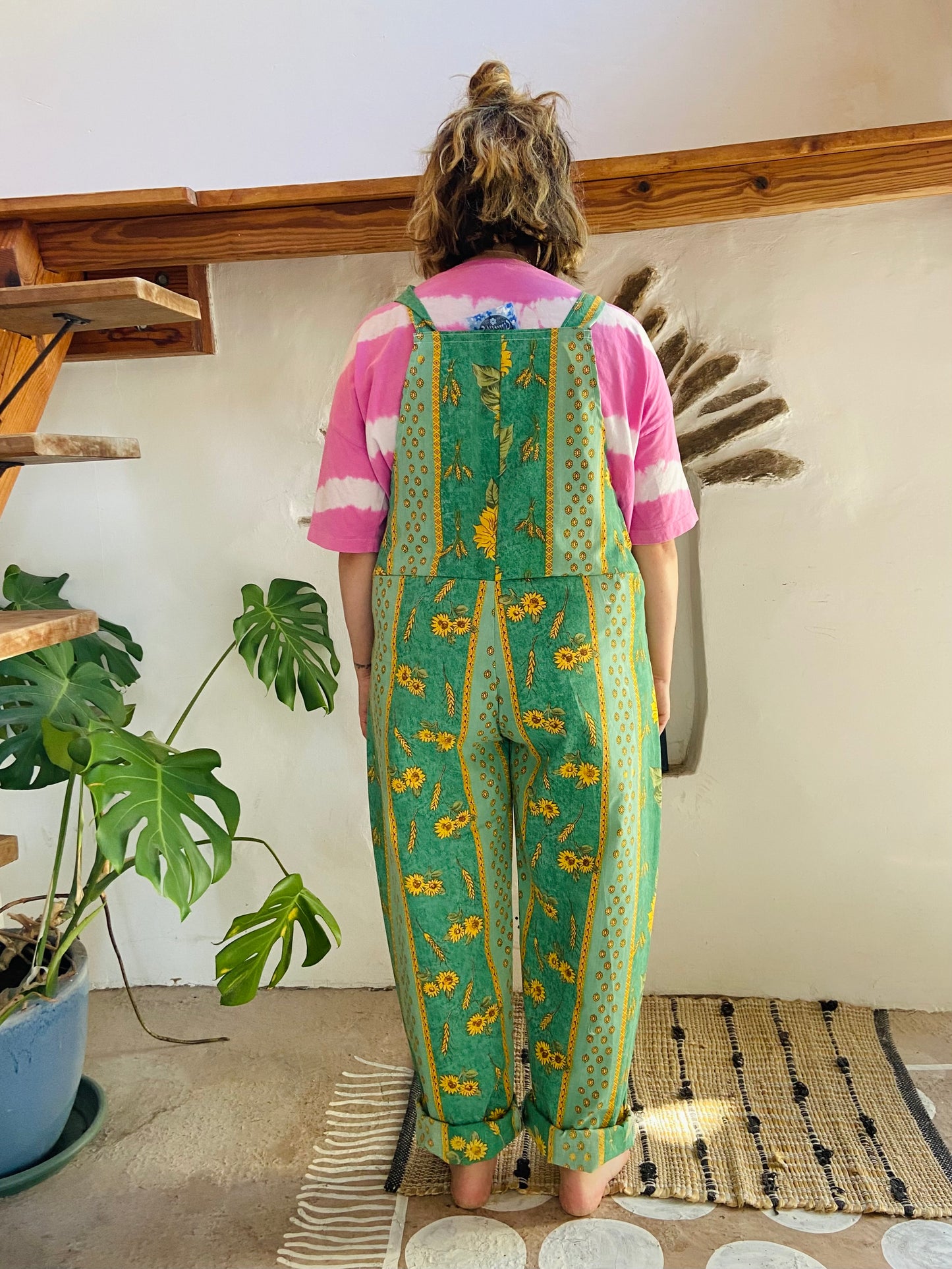 DESERT FOX Green Sunflower Provencal Print Long Length Dungarees - M/L