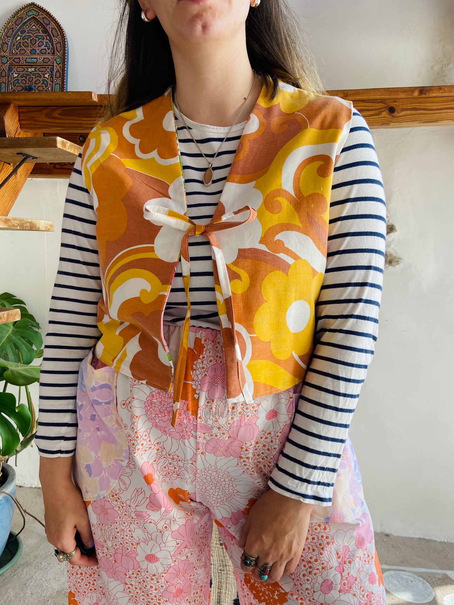 DESERT FOX 70's Orange & Pink Floral Reversible Waistcoat - S/M