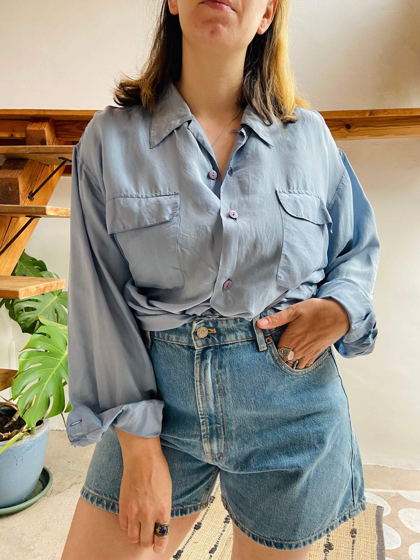 VINTAGE Pretty Blue Silk Long Sleeve Shirt - M/L