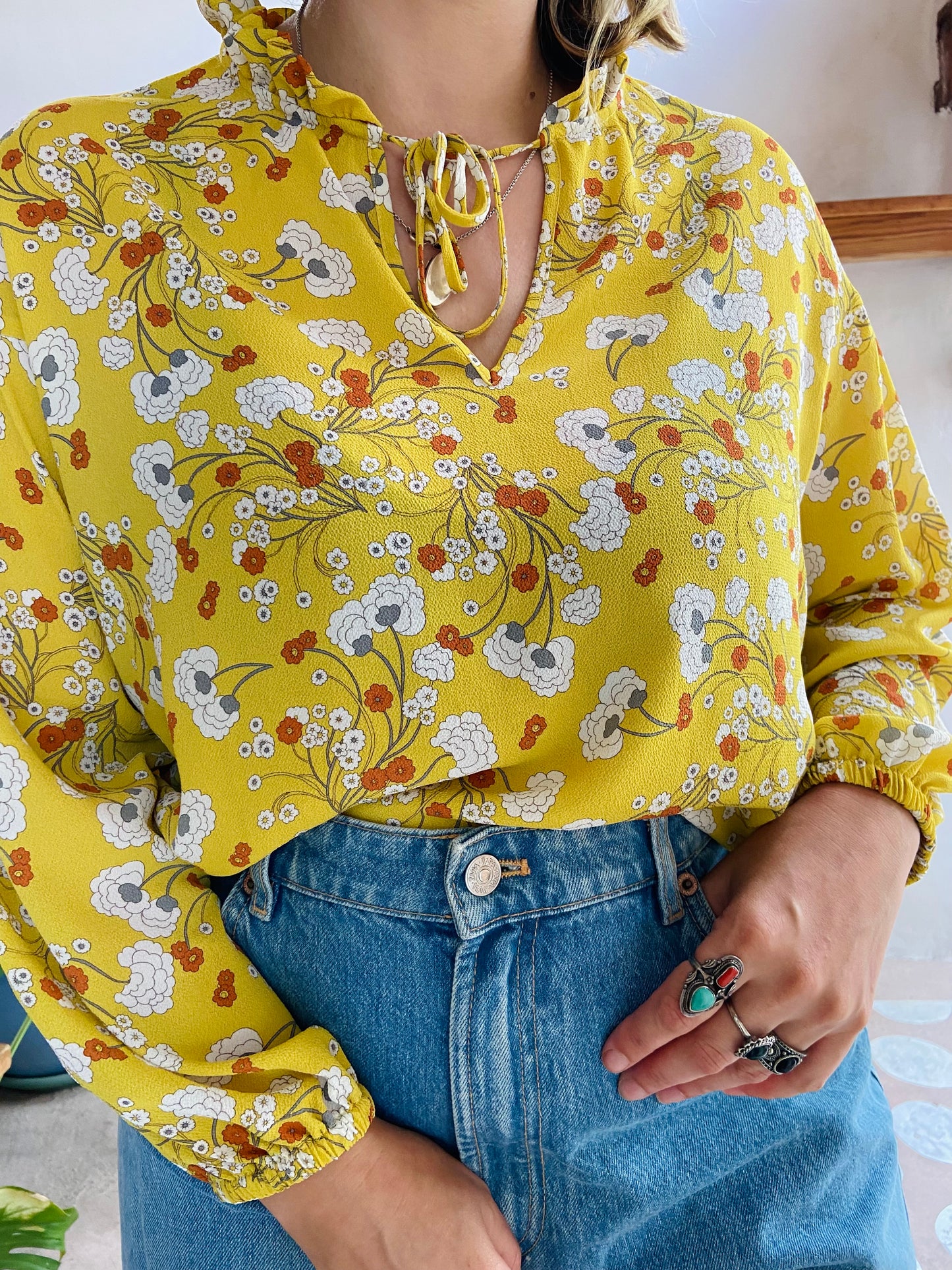VINTAGE Y2K Yellow Floral Bohemian Blouse - M/L