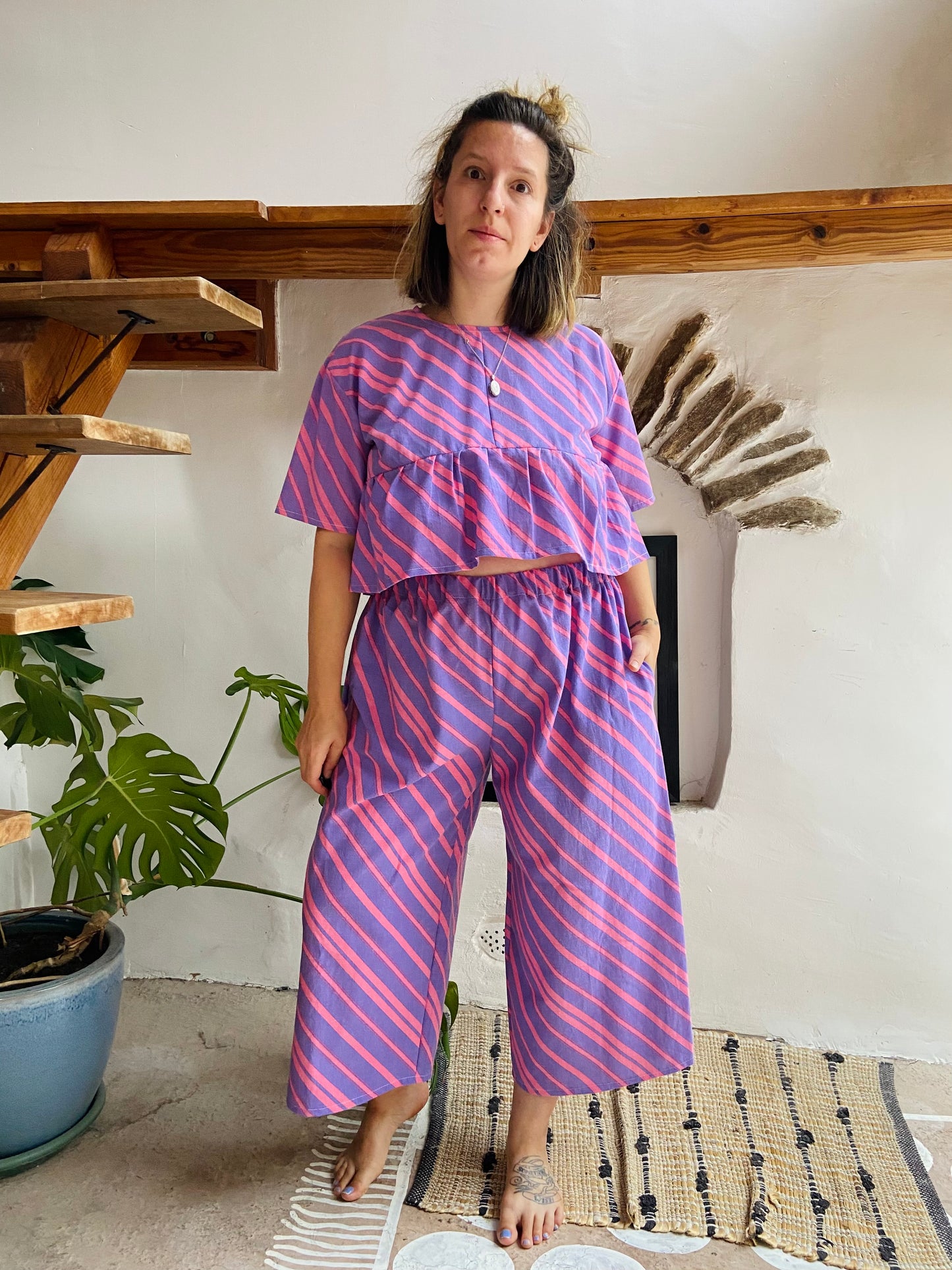 DESERT FOX Purple Chevron Stripe Wide Leg Trousers - M/L