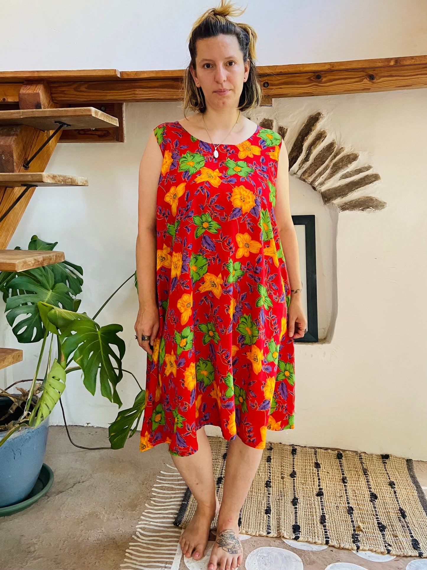 VINTAGE 90's Red Floral Loose Dress - M/L