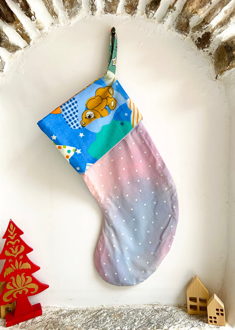 DESERT FOX Handmade Vintage Fabric Christmas Stocking - Children’s Bear Stars