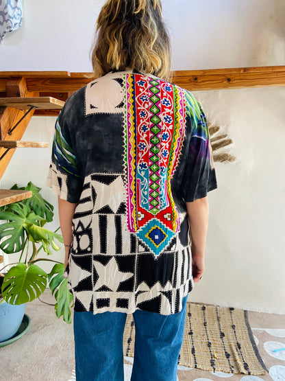VINTAGE 90's Funky Bohemian Patterned Short Sleeve Shirt - M/L