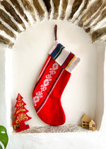 DESERT FOX Handmade Vintage Fabric Christmas Stocking - Red Woven