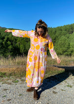 DESERT FOX Dahlia Midi Dress - Pink & Orange 70's Florals - M/L