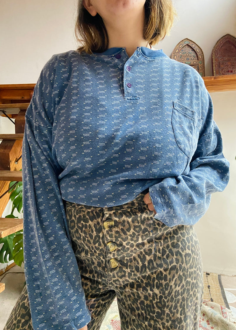 VINTAGE 90's Blue Patterned Grunge Long Sleeve T-Shirt Top - L