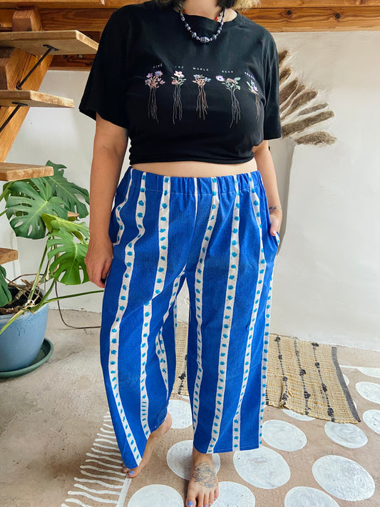 DESERT FOX Lola Floral Blue Stripe Wide Leg Trousers - M/L