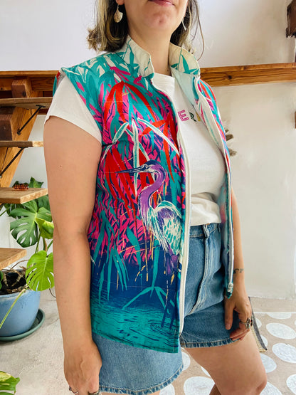 VINTAGE 80’s Bright Bird Print Gilet Jacket - M