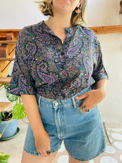 VINTAGE 80’s Blue Paisley Cropped Shirt Top - M/L