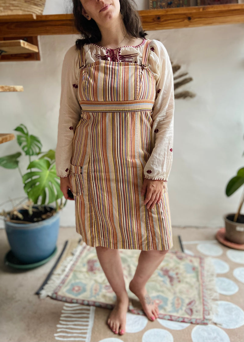 VINTAGE 90's Rainbow Stripe Dungaree Dress - M