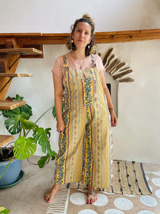 DESERT FOX Yellow Bohemian Floral Print Wide Leg Dungarees - M/L
