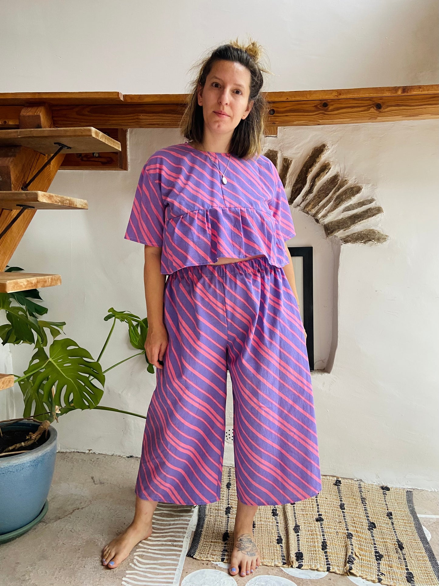 DESERT FOX Purple Chevron Stripe Wide Leg Trousers - M/L