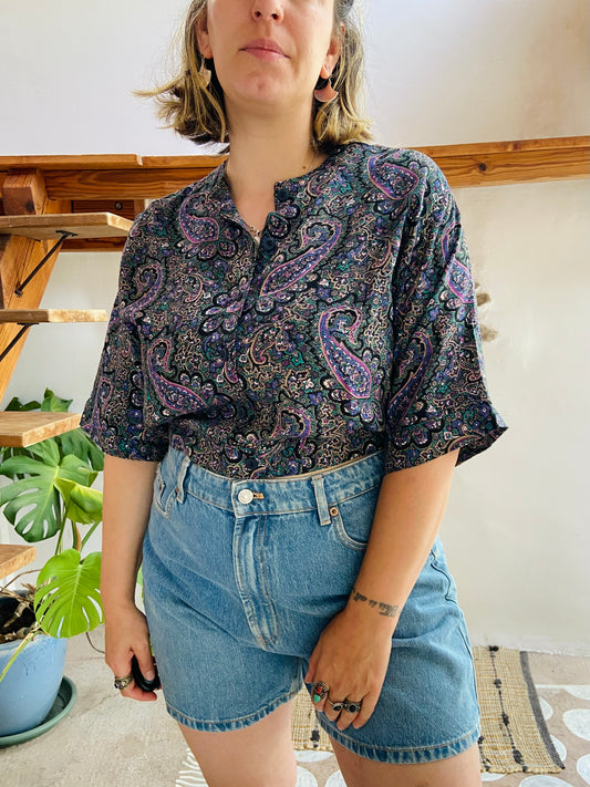 VINTAGE 80’s Blue Paisley Cropped Shirt Top - M/L
