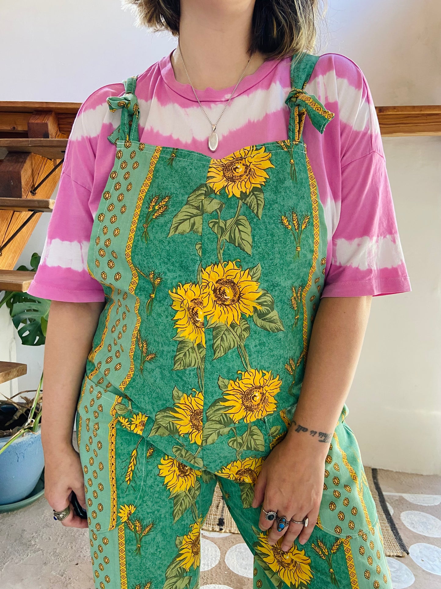 DESERT FOX Green Sunflower Provencal Print Long Length Dungarees - M/L