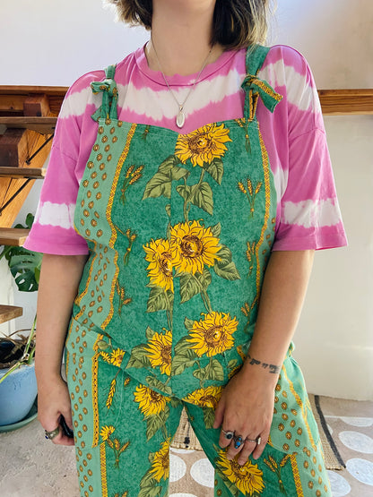DESERT FOX Green Sunflower Provencal Print Long Length Dungarees - M/L