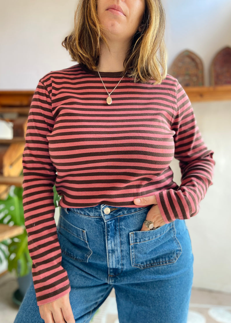 VINTAGE 90's Brown & Pink Stripe Long Sleeve Top - M/L