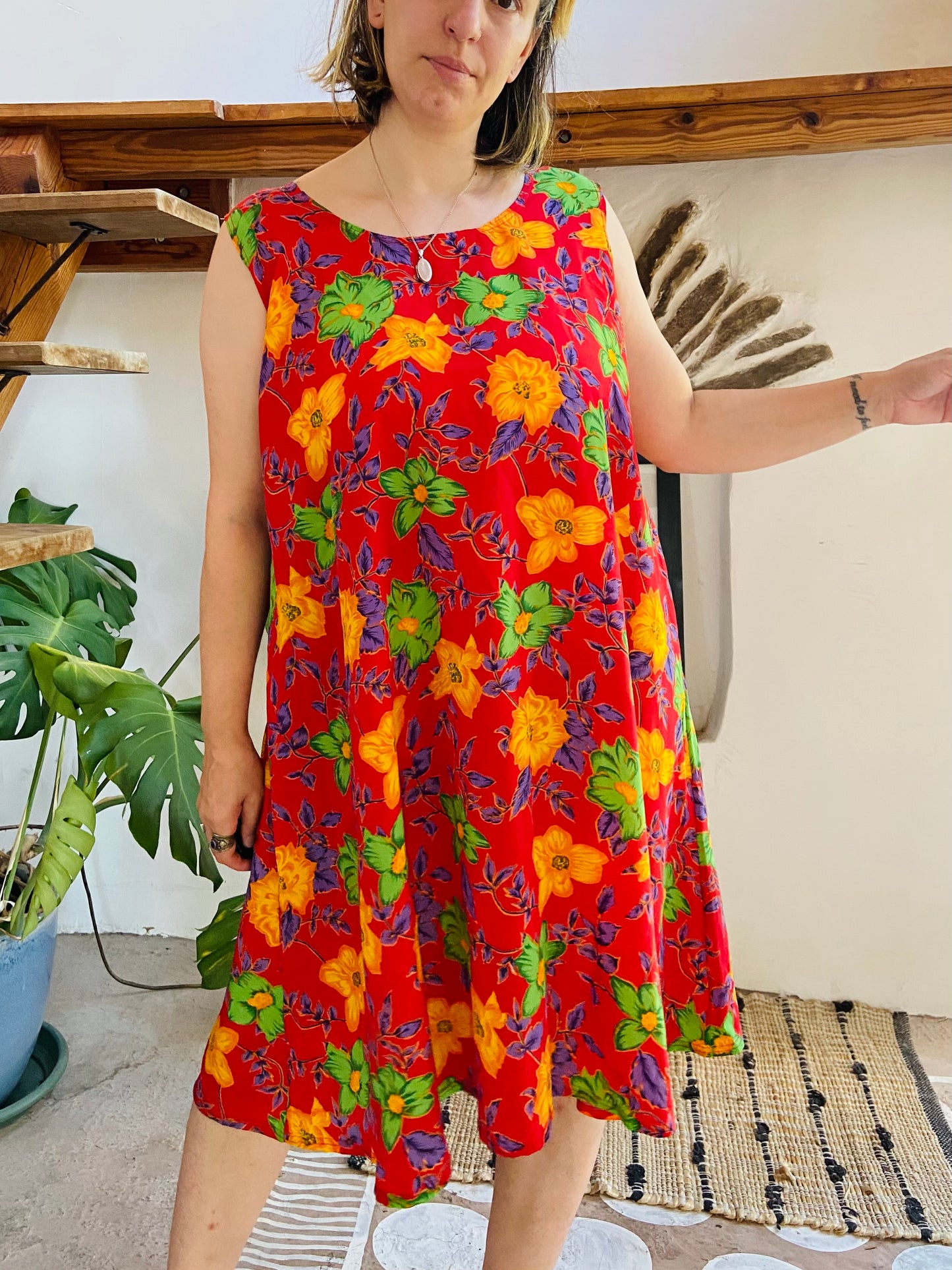 VINTAGE 90's Red Floral Loose Dress - M/L
