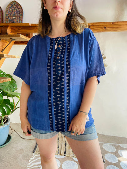 VINTAGE 90's Blue Bohemian Woven Short Sleeve Tunic Top - M/L