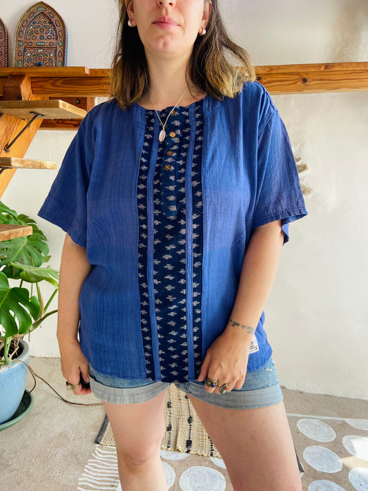 VINTAGE 90's Blue Bohemian Woven Short Sleeve Tunic Top - M/L